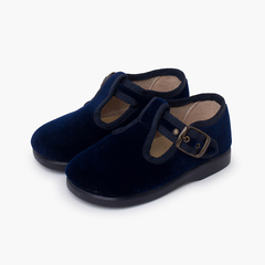 Velvet buckle T-bar shoes Navy Blue