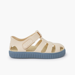 Ivory jelly sandals with colour trainers-style sole Blue