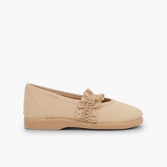 Girls' Mary Janes with Elasticated Lace Strap Sand