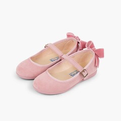 Buckle Mary Janes Velvet Bow in Back Pink