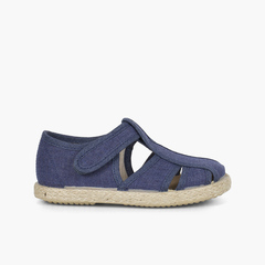 Canvas and Jute T-bar Sandals with Openings Navy Blue